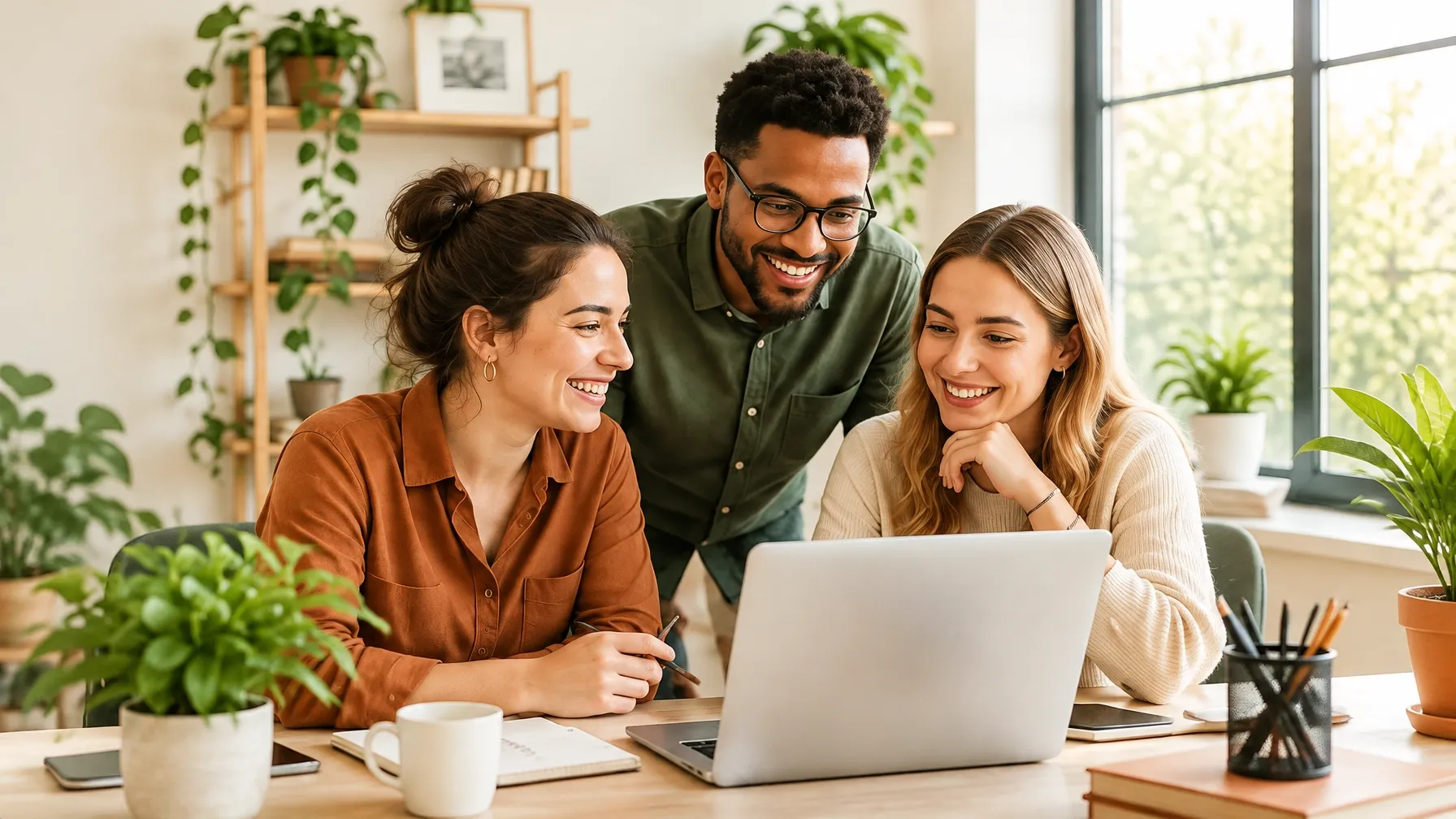 A marketing team working together around a laptop in a bright, welcoming office